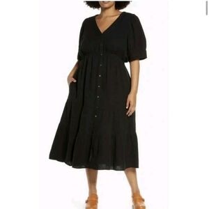 Madewell Lightspun Button-front Tiered Midi Dress True Black Cotton size 16W